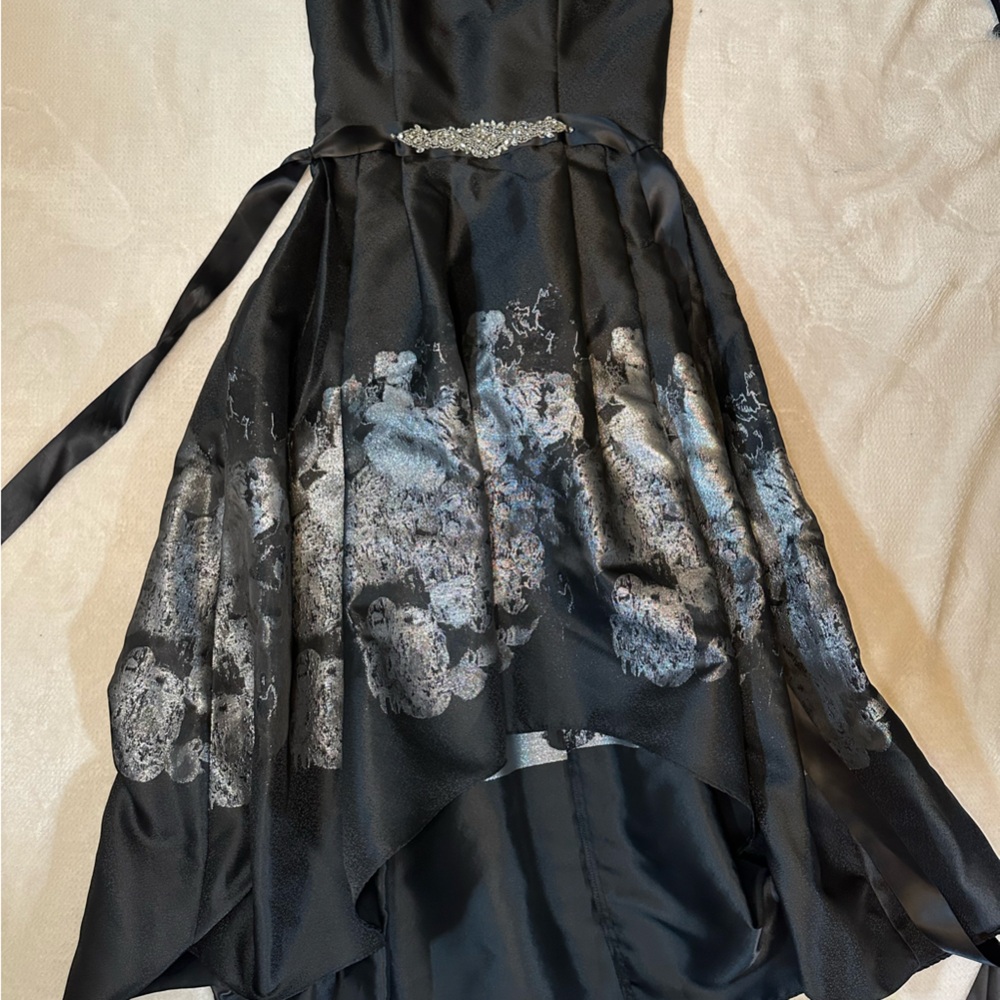 Elegant Betsy Adam Strapless high low Black and Silver Dress prom dress